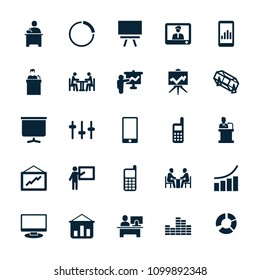 Presentation icon. collection of 25 presentation filled icons such as lottery, graph, teacher, equalizer, board, meeting. editable presentation icons for web and mobile.