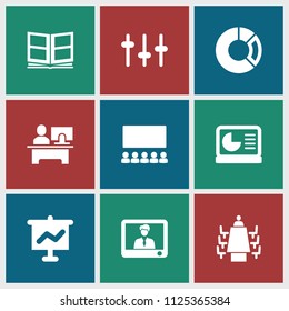 Presentation icon. collection of 9 presentation filled icons such as equalizer, meeting, photo album, chart on display. editable presentation icons for web and mobile.