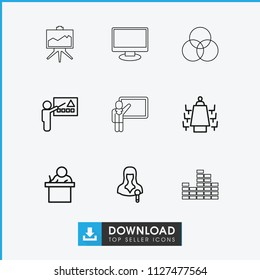 Presentation icon. collection of 9 presentation outline icons such as teacher, woman speaker, meeting, board. editable presentation icons for web and mobile.