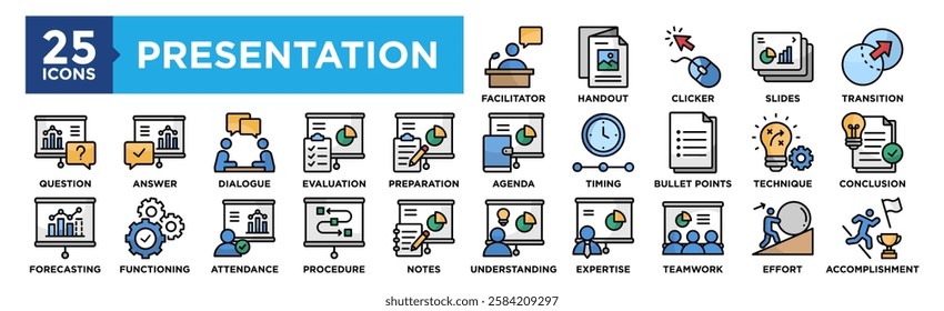 Presentation icon collection set. Containing design, Evaluation, Preparation, Understanding, Expertise, Teamwork