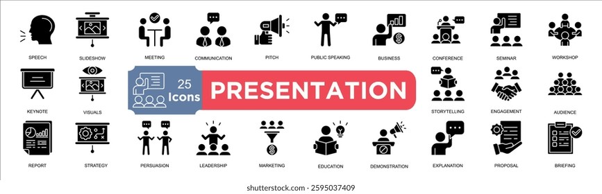 presentation icon collection set. Containing speech, slideshow, meeting, communication, pitch, public speaking, business, conference, seminar icon. Simple solid vector.
