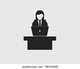 Presentation Icon. Female  Symbol with Laptop and desk.