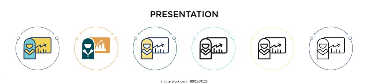 Presentation icon in filled, thin line, outline and stroke style. Vector illustration of two colored and black presentation vector icons designs can be used for mobile, ui, web
