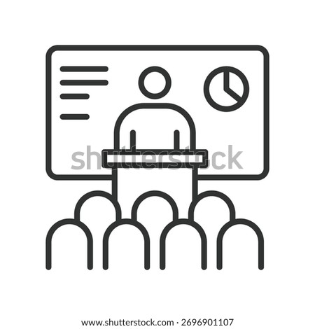 Presentation icon in line design. presentation, report, briefing, lecture, audience, speaker, slides on white background vector. Presentation editable stroke icon
