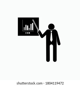 Presentation Icon. Man Presents Bar Diagram for His Jobs on Conference - As Simple Vector, Sign for Design and Website, Conference or Application.