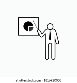 Presentation Icon. Man Presents Pie Diagram for His Jobs on Conference - As Simple Vector, Sign for Design and Website, Presentation or Application.