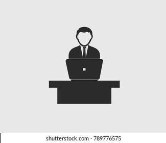 Icono de presentación. Símbolo de hombre con portátil y escritorio.