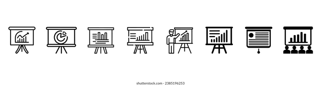 Presentation Icon, Meeting icon set. Containing seminar, business meeting, presentation, interview, conference, Presentation billboard sign icon. Presentation vector icon, infographic chart symbol.