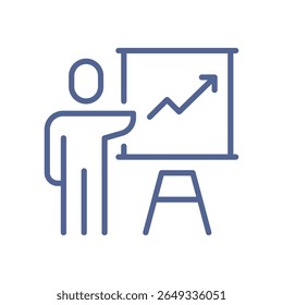 Presentation icon, minimal business symbol representing strategy briefing, sales performance, data analysis, upward chart, meeting report and goal achievement flat vector illustration.