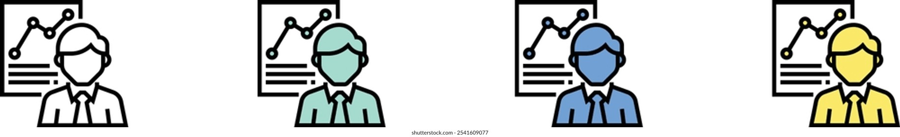icono de presentación. Esquema, diseño de estilo verde, azul y amarillo aislado sobre fondo blanco