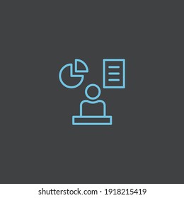Icono de presentación de una persona con su equipo en azul sobre un fondo negro. personas, información, estrategia, equipo, educación, formación, informe, trabajo en equipo, color azul, planificación, marketing