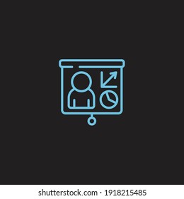 Presentation icon of a person with his team in blue on a black background. people, information, strategy, team, education, training, report, teamwork, blue color, planning, marketing