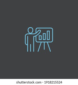 Icono de presentación de una persona con su equipo en azul sobre un fondo negro. personas, información, estrategia, equipo, educación, formación, informe, trabajo en equipo, color azul, planificación, marketing