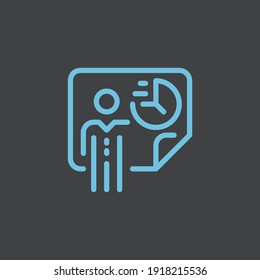 Presentation icon of a person with his team in blue on a black background. people, information, strategy, team, education, training, report, teamwork, blue color, planning, marketing
