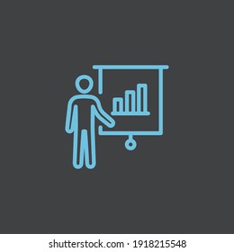Presentation icon of a person with his team in blue on a black background. people, information, strategy, team, education, training, report, teamwork, blue color, planning, marketing
