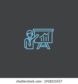 Presentation icon of a person with his team in blue on a black background. people, information, strategy, team, education, training, report, teamwork, blue color, planning, marketing