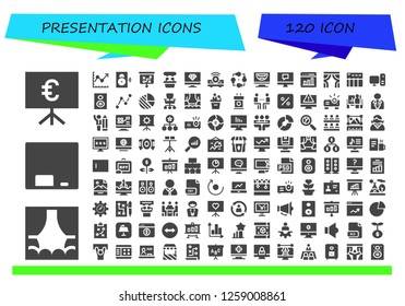  presentation icon set. 120 filled presentation icons. Simple modern icons about  - Presentation, Stage, Blackboard, Line chart, Speaker, Strategy, Computer, Projector, Graph