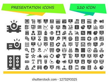  presentation icon set. 120 filled presentation icons. Simple modern icons about  - Projector, Speakers, Stage, Businessman, Display, Computer, Analytics, Presentation, Training