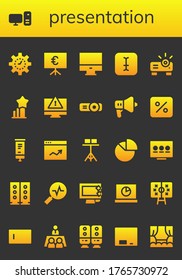 presentation icon set. 26 filled presentation icons. Included Management, Computer, Presentation, Typing, Projector, Stats, Speaker, Percentage, Roll up, Analytics, Stand icons