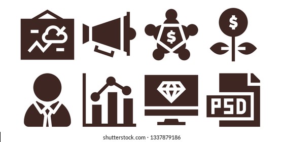 presentation icon set. 8 filled presentation icons.  Simple modern icons about  - Manager, Chart, Analytics, Speaker, Computer, Meeting, Psd, Growth