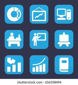 Presentation icon. set of 9 filled presentation icons such as board, graph, table, photo album, pc, pie chart