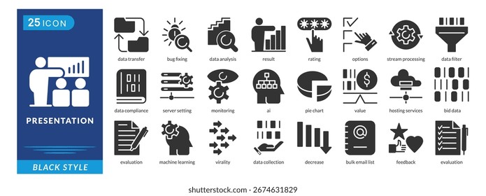 Conjunto de iconos de presentación en estilo negro, con copia de seguridad, Comentarios, Big Data, corrección de errores, IA, resultados, calificaciones y opciones.