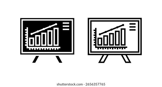 Presentation icon set. Black and White Outline Bar Graph Presentation Board Business Chart