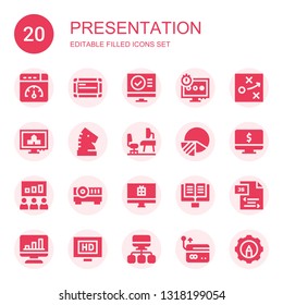 presentation icon set. Collection of 20 filled presentation icons included Web optimization, Whiteboard, Computer, Strategy, Workplace, Pie chart, Presentation, Projector, Lectern