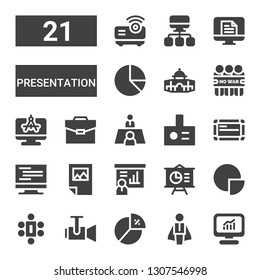 presentation icon set. Collection of 21 filled presentation icons included Computer, Businessman, Diagram, Projector, Meeting, Pie chart, Presentation, Poster, Whiteboard, Portfolio