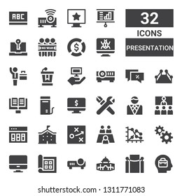 presentation icon set. Collection of 32 filled presentation icons included Business, Red carpet, Dome, Projector, Display, Computer, Management, Graph, Meeting, Strategy, School