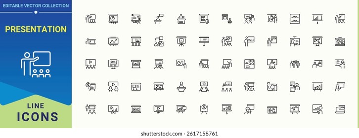 Presentation icon set. Collection for mobile and web apps. Related to audience, teamwork, team, conference, brainstorm, present, speak. Editable stroke. Vector illustration. Meeting icon set.