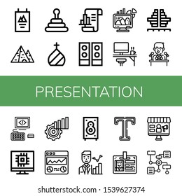 presentation icon set. Collection of Poster, Pyramid, Dome, Analytics, Speakers, Office, Population, Press conference, Computer, Statistics, Web analytics, Speaker, Type icons