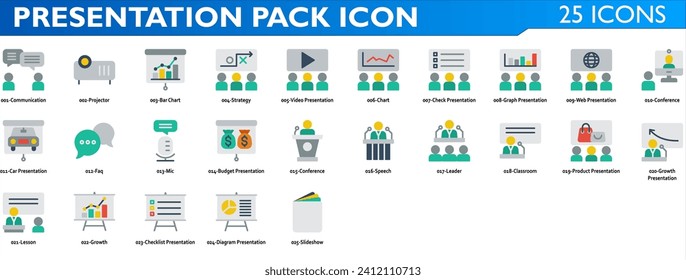 Presentation icon set. Containing communication, bar chart, strategy, conference, faq, speech, leader, classroom, lesson, growth and slide show. Color syle collection