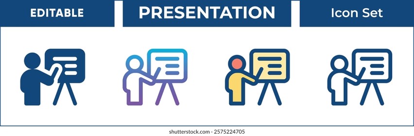 Presentation Icon Set. Editable Vector Icons for presentation, speech, lecture, seminar, workshop, training, and more. Includes line, gradient, filled, and outline styles.