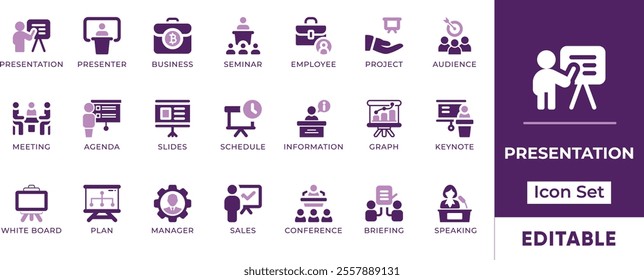 Presentation Icon Set. Features editable icons for presentation symbols, presenter, business, project, and more. Perfect for business presentations, educational presentations, and marketing materials.