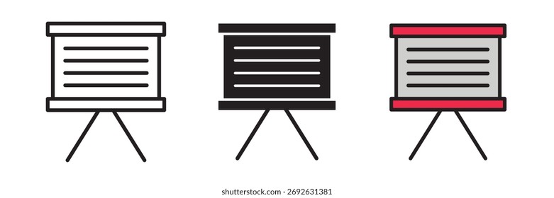 Presentation icon set in flat vector illustration, created in outline, filled, and color style. Ideal for business meetings, reports, analytics, data visualization, and corporate design concepts.