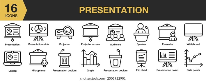 Presentation icon set. Includes graph, flip chart, speaker, presenter, projector and More. Outline icons vector collection.
