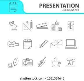 Presentation icon set. Line icons collection on white background. Supply, stationary, workspace. Office concept. Can be used for topics like school, college, business