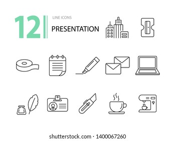 Presentation icon set. Line icons collection on white background. Supply, stationary, workspace. Office concept. Can be used for topics like school, college, business