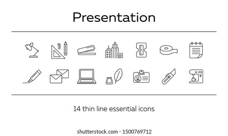 Presentation icon set. Line icons collection on white background. Supply, stationary, workspace. Office concept. Can be used for topics like school, college, business