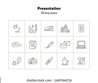Conjunto de iconos de presentación. Colección de iconos de línea en fondo blanco. Suministro, estacionario, área de trabajo. Concepto de oficina. Se puede utilizar para temas como la escuela, la universidad, los negocios
