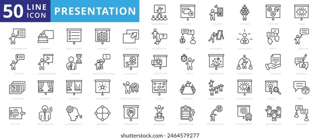 Presentation icon set with slide, speaker, audience, content, visual, important information, alert, side entry and deck