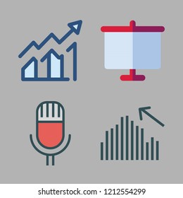 presentation icon set. vector set about white board, bar chart, microphone and profits icons set.