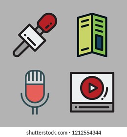 presentation icon set. vector set about video player, pamphlet and microphone icons set.