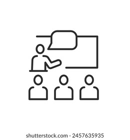 Presentation icon. Simple illustration of an instructor giving a speech with a speech bubble in front of an audience, ideal for depicting educational lectures, seminars. Vector illustration