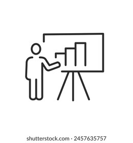 Icono de Presentación. Representación simplista de una persona que entrega un informe o análisis con un gráfico de barras en una pantalla de proyección, adecuado para usos empresariales, educativos y corporativos. Ilustración vectorial