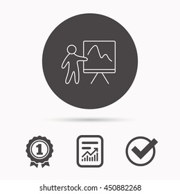 Presentation icon. Statistics chart sign. Report document, winner award and tick. Round circle button with icon. Vector