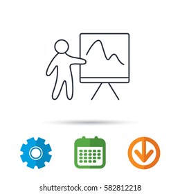 Presentation icon. Statistics chart sign. Calendar, cogwheel and download arrow signs. Colored flat web icons. Vector