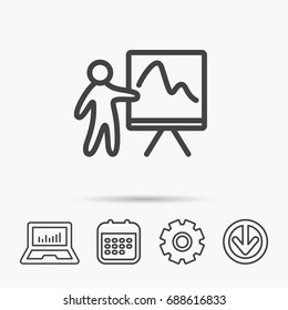 Presentation icon. Statistics chart sign. Notebook, Calendar and Cogwheel signs. Download arrow web icon. Vector