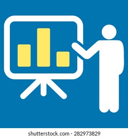 Presentation icon. Style: flat bicolor symbol, yellow and white colors, rounded angles, blue background.